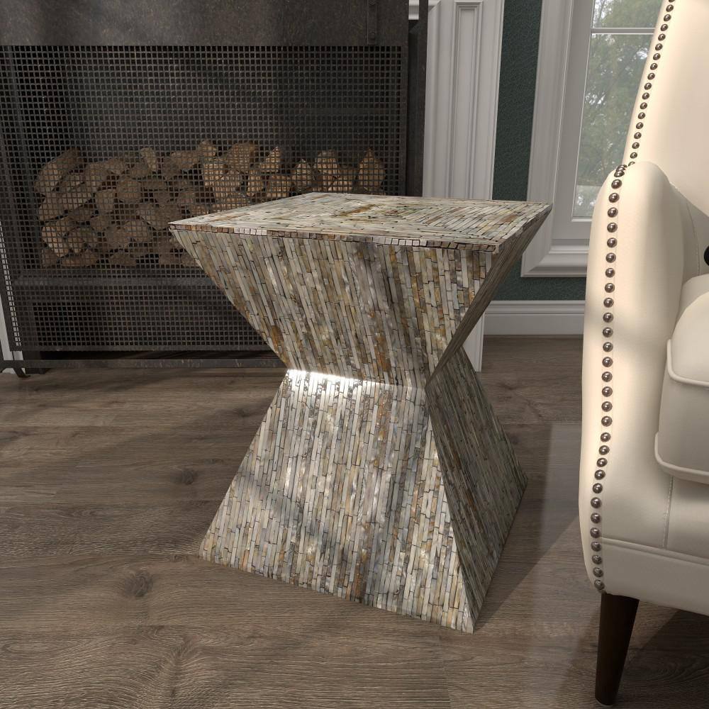 Handcrafted Shell Inlay Wooden Accent Table - Black and Gray