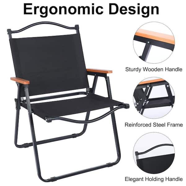 Black Metal Folding Camping Beach Chair for Adults with Handle and Sto