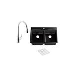 Kennon Drop-In/Undermount Neoroc Granite Composite 33 in. Double Bowl Kitchen Sink with Simplice Faucet