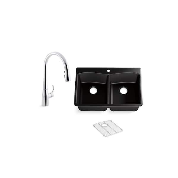 KOHLER Kennon Drop-In Neoroc Granite Composite 33 in. Double Bowl Kitchen Sink with Simplice Faucet