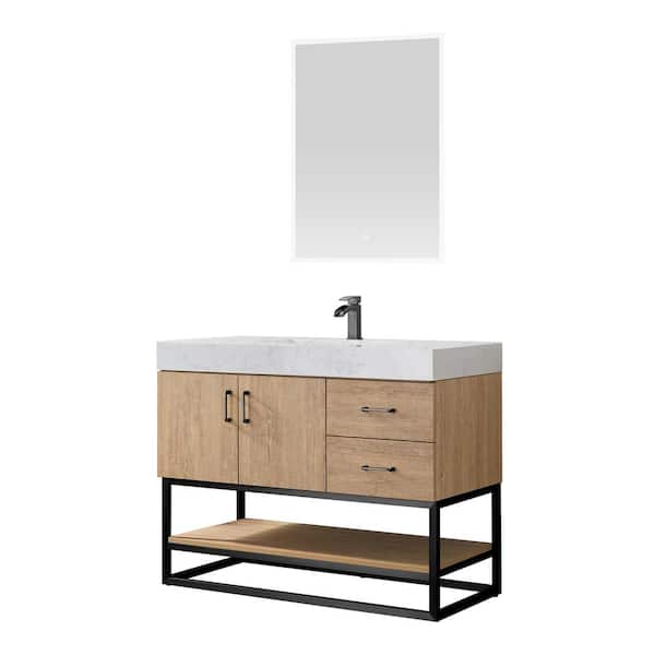 Alistair 42 in. W x 22 in. D x 33.9 in. H Bath Vanity in Oak with White Stone Vanity Top with Single Sink and Mirror