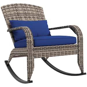 Gray Outdoor Wicker Adirondack Rocking Chair Set of One with Blue Seat Cushion and Pillow