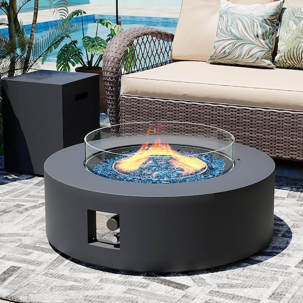42 in. Round Iron Outdoor Fire Pit Table with Tank Cover, Lid, Wind Guard and Rain Cover in Dark Gray