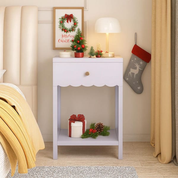 Ron Light Purple 1-Drawer Nightstand with Open Shelf, Scalloped Edge Bedside Table for Bedroom