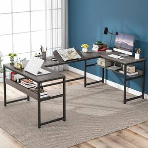 Cassey 82.6 in. U-Shaped Gray Engineered Wood Computer Desk with Drawing Board and Shelf
