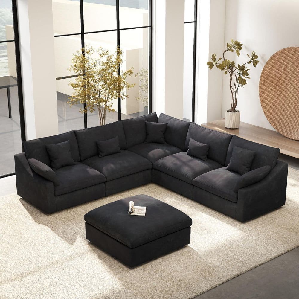 119 in. Down Filled Linen Flared Arm Modular Sofa Solid Wood V-shaped Cloud Couch with Ottoman,Detachable Cover in Black