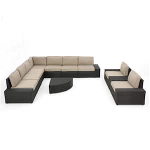 Dark Brown 10-Piece Wicker Outdoor Sectional and Table Set with Beige Cushions