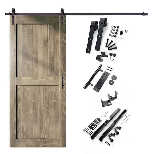 HOMACER 60 in. x 84 in. H-Frame Classic Gray Solid Pine Wood Interior Sliding Barn Door with Hardware Kit Non-Bypass