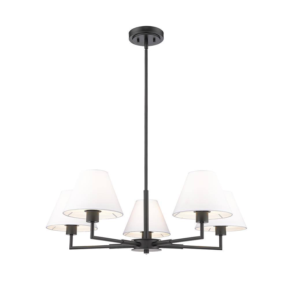 Matte Black 5-Light Chandelier with White Fabric Shades