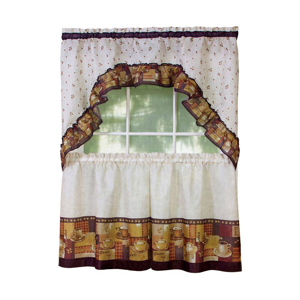 Ivory and Brown Coffee Print Tier Curtain Set