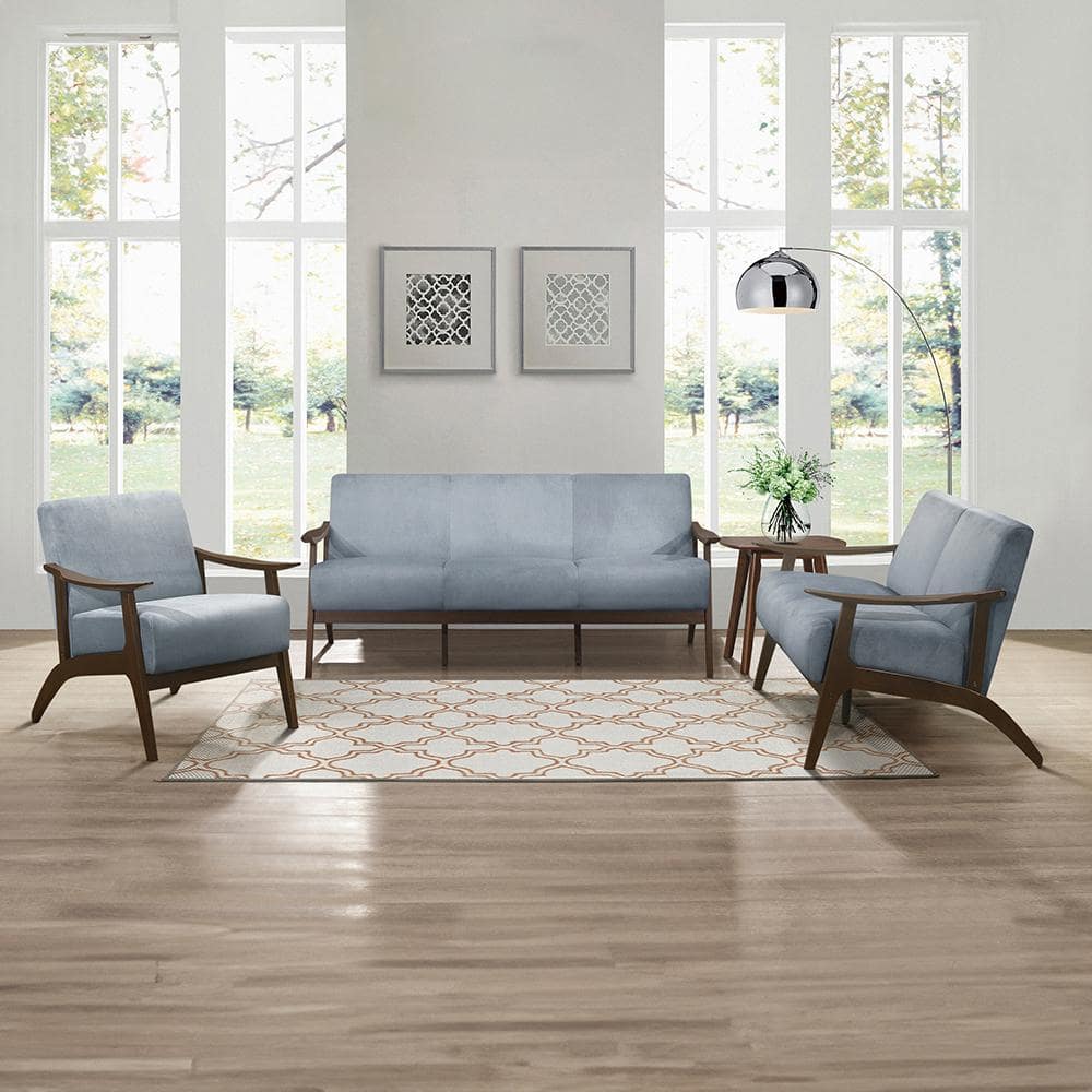 Carlson Blue Gray Velvet Loveseat with Dark Walnut Wood Frame