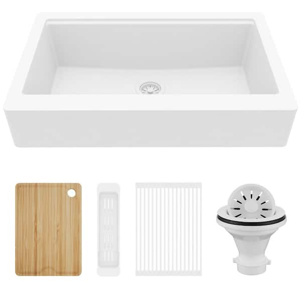 34 in. Retrofit Farmhouse Single Bowl Quartz Workstation Kitchen Sink in White
