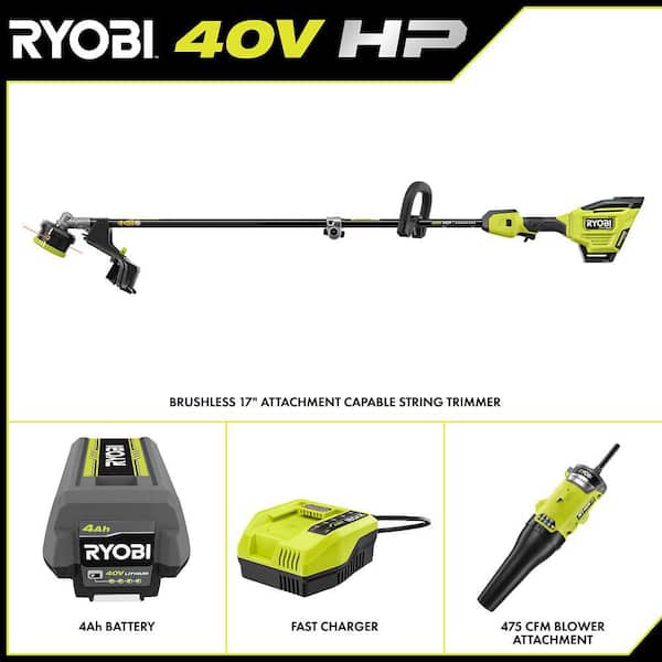 40V HP Brushless 17" Cordless Attachment Capable String Trimmer & Blower Attachment w/ 4.0 Ah Battery & Charger