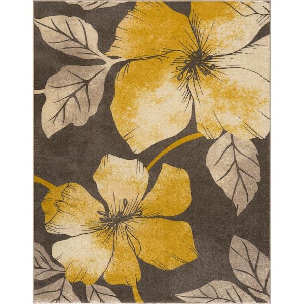 Beverly Rug Bahamas Floral Leaf Yellow Brown 5 ft. x 7 ft. Non-Slip Rubber Back Indoor Area Rug