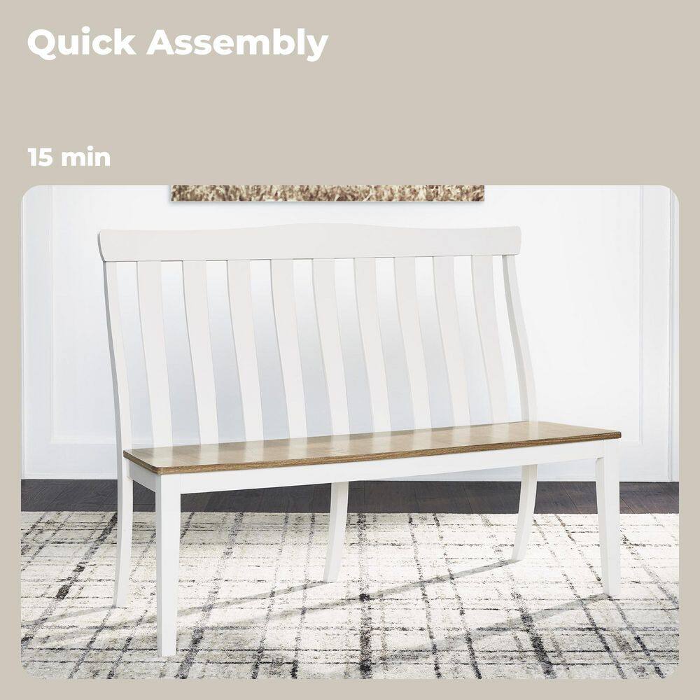White and Natural Wood Slat-Back Dining Bench