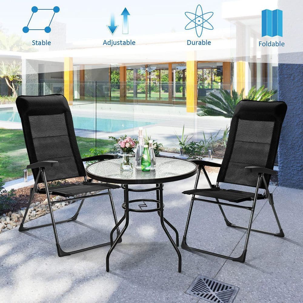 Black Adjustable Folding Patio Dining Chairs with Arms, Set of 2