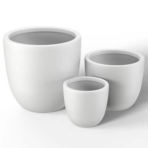 Sapcrete 10 in. 14 in. 18 in. Crisp White(Enhanced Interior) Concrete Round Planter / Pot with Drainage Holes (3-Pack)