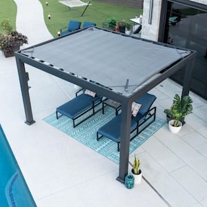 Trenton 14 ft. x 12 ft. Black Powder Coated Galvanized Steel Metal Modern Pergola w/ Sail Shade Soft Canopy and Electric