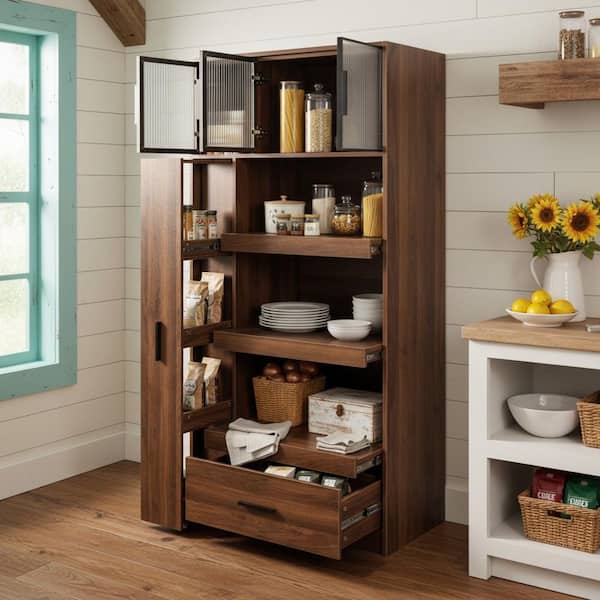 Kuaile Walnut Brown Engineered Wood MDF 35.43 in. W x 70.87 in. H Pantry Cabinet with Drawer, Pull-Out Storage Shelf