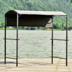 7 ft. W x 6.8 ft. H Grill Gazebo Canopy for Patio, Outdoor BBQ Gazebo with Side Awning, Bar Counters and Hooks, Gray