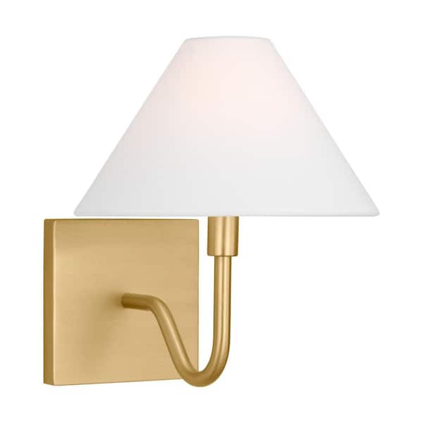 SCOTT LIVING Eldon Small 1-Light Satin Brass Wall Sconce with a White Linen Fabric Shade