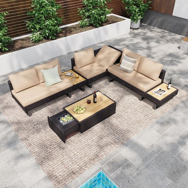 6-Piece Dark Brown Wicker Weave Outdoor Patio Sectional Set with Khaki Cushions and Extendable Coffee Table