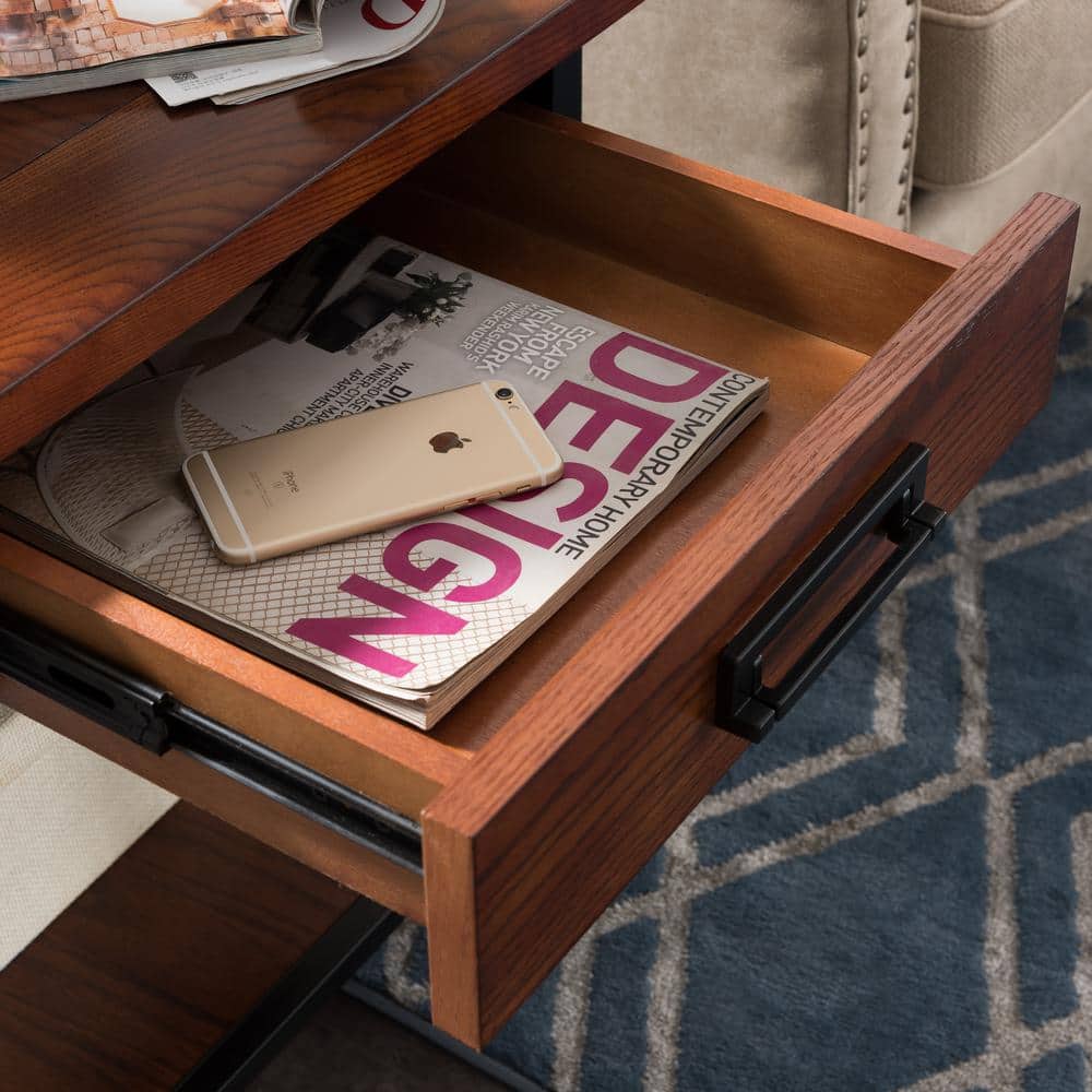 Ironcraft Mission Oak & Matte Black Wood End Table with Drawer