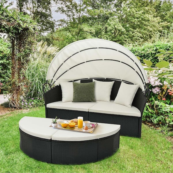 Wicker Patio Round Daybed Outdoor Day Bed with Retractable Canopy Rattan Sectional Seating Off White Cushions