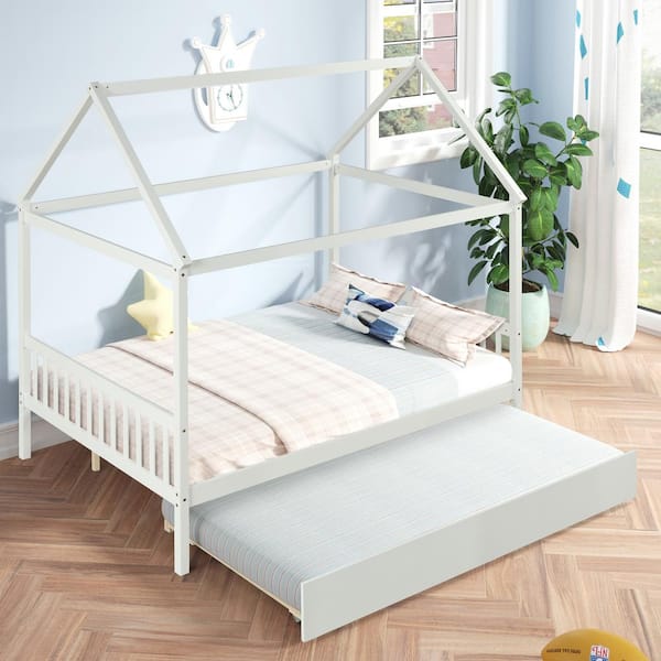 GODEER White Full Size House Bed with Twin Trundle