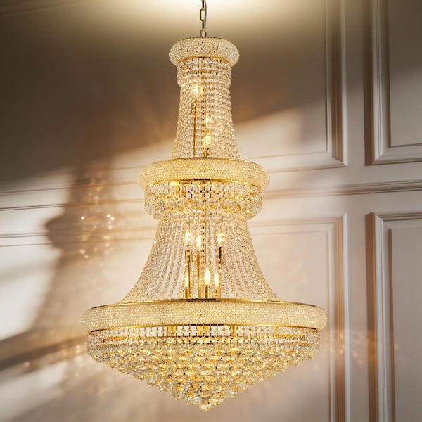 32in 27-Light Gold Crystal Chandelier 3-Tier Empire Style With 500 Spare Hand-Strung K9 Crystals for Foyer, Staircase