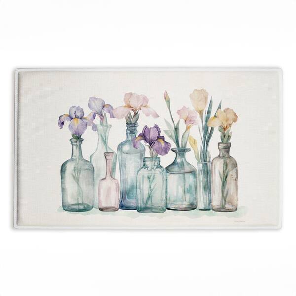 Pastel Toned Iris Vases 18 in. x 30 in. Green Floral Polyester Blend Rectangle Bath Mat