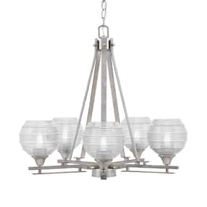 Ontario 23 in. 5-Light Aged Silver Geometric Chandelier for Dinning Room with Clear Ribbed Shades No Bulbs Included