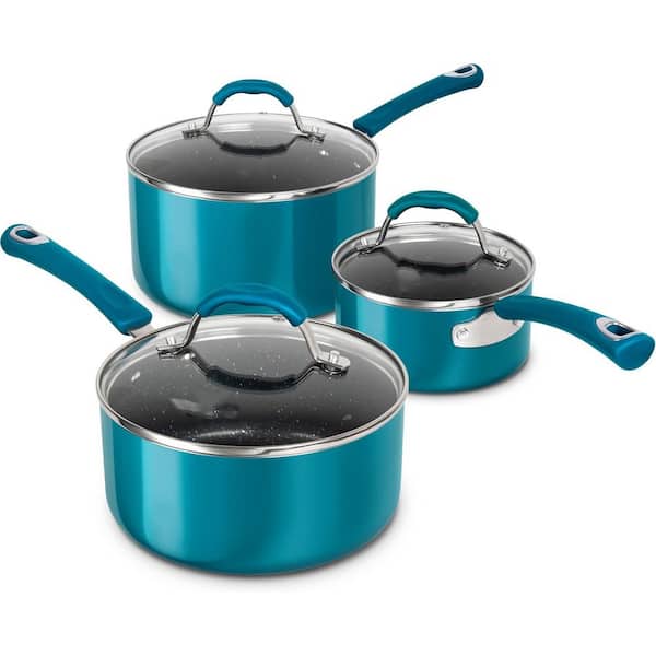 1 qt. 2 qt. & 3 qt. Enamel Nonstick Sauce Pan Set Heavy Duty Aluminum with Lid in Cyan with Silicone Handle, 3-Pack