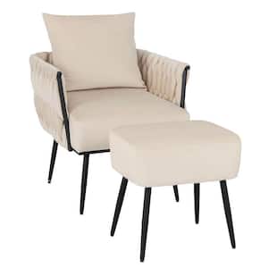 Modern Beige Dutch Velvet Accent Chair and Ottoman Set Single Leisure Sofa Chair