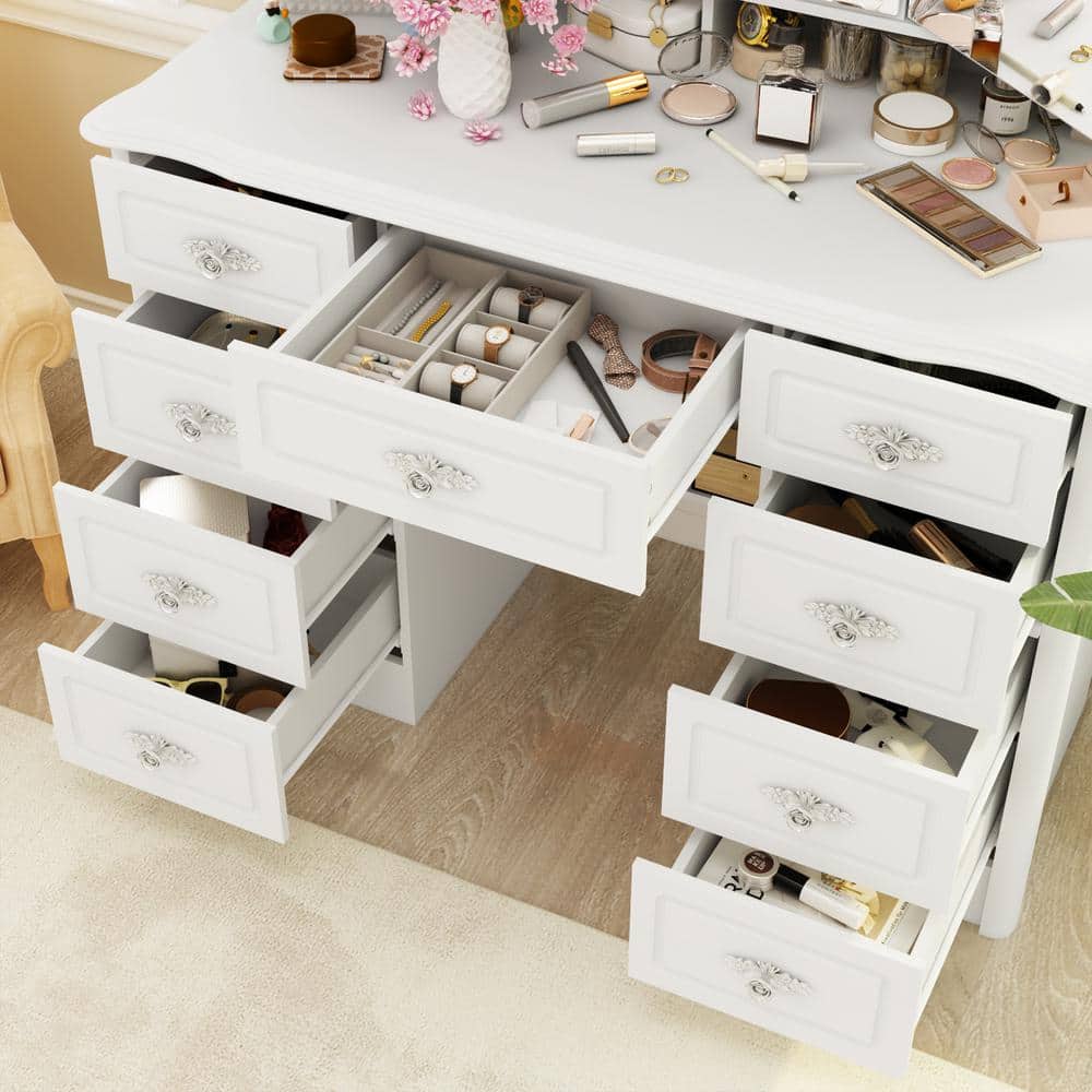 White Makeup Vanity Table Dressing Desk W/3-Mirrors,LED Lighted, 9-Drawers, Hidden Storage Shelves, Carved Metal Handles - thumbnail 7