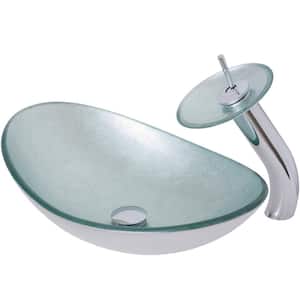 Argento Oval Silver Hand Foiled Glass Slipper Vessel Sink with Faucet and Drain in Chrome