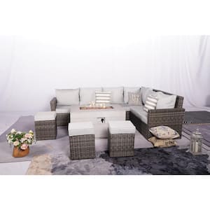 Fort 8-Pieces Rock and Fiberglass Fire Pit Table Conversation Set with Gray Cushions