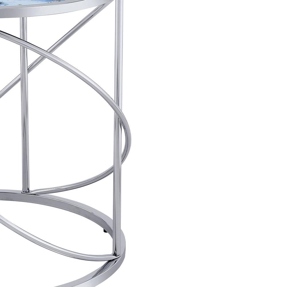 Lyda Round Blue Marble Print and Chrome End Table