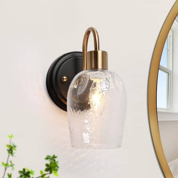Modern 4.7 in. 1-Light Brass Gold Bathroom Vanity Lighting, Black Wall Sconce, Indoor Wall Light with Bell Hammer Glass