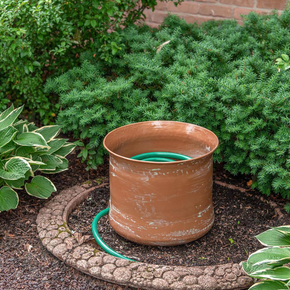 Copper Finish Cylinder Garden Hose Holder with Patina