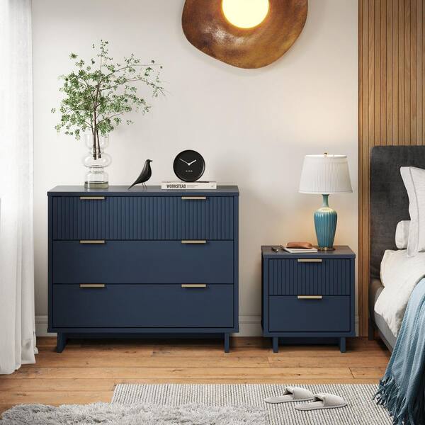 Manhattan Comfort Granville Midnight Blue 2-Drawer 18.11 in. W Nightstand and 3-Drawer 37.8 in. W Standard Dresser (Set of 2)