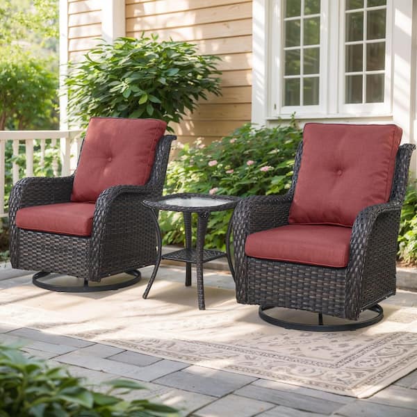 Modern Farmhouse 3-Piece Brown Wicker Patio Conversation Set with Olefin Red Cushions and Swivel Gliders/Side Tables