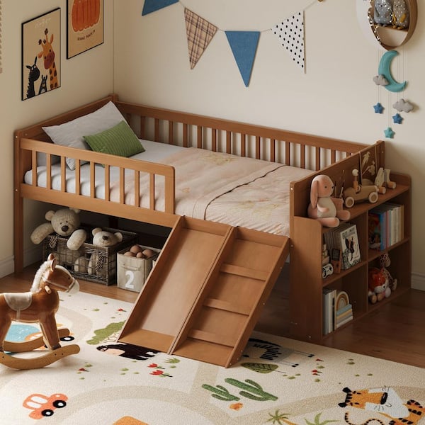 Light Walnut Twin Size Kids Bed with Slide, Ladder, Storage Shelf, Safety Guardrail, Easy Assembly