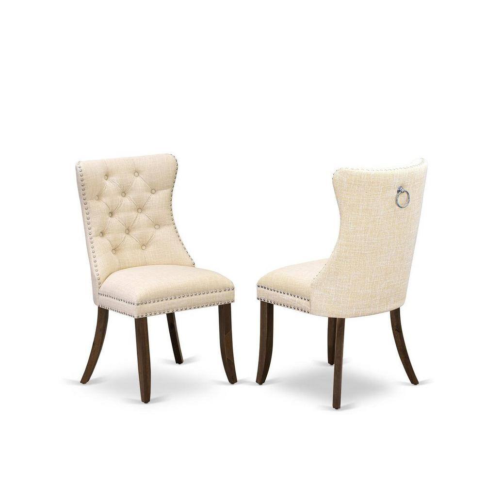Antique Walnut 3-Piece Dining Set with Light Beige Linen Upholstered Chairs