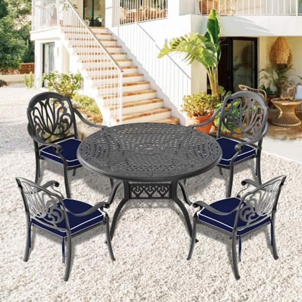 Runesay 5-Piece Set of Cast Aluminum Patio Outdoor Dining Set with Random Colors Cushions and Black Frame