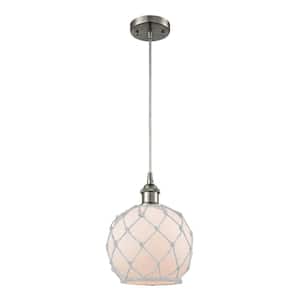 Farmhouse Rope 1-Light Brushed Satin Nickel Globe Pendant Light with White Glass with White Rope Glass and Rope Shade