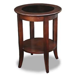 18 in. W Round Glass Top Side Table with Shelf, Chocolate Cherry and Tinted Glass, Wooden Top