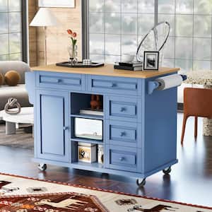Blue Rubber Wood Desktop 52.8 in. W Kitchen Island on 5 Wheels with 5 Drawers and Adjustable Shelves