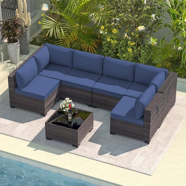 Halmuz 7-Piece Brown Wide Wicker Outdoor Sectional Set with Coffee Table and Cushion Navy Blue