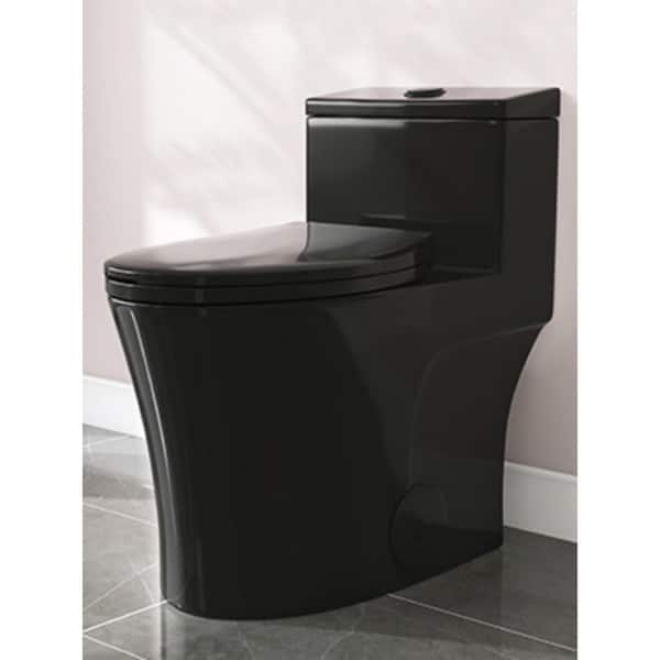 HOROW 1-Piece 0.8/1.28 GPF Dual Flush Elongated Toilet in Matte Black with Soft-Close Seat Included
